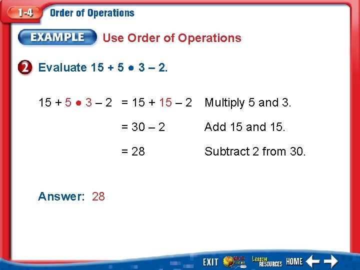 Use Order of Operations Evaluate 15 + 5 ● 3 – 2 = 15