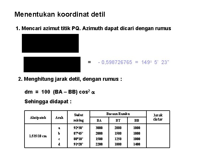 Menentukan koordinat detil 1. Mencari azimut titik PQ. Azimuth dapat dicari dengan rumus =