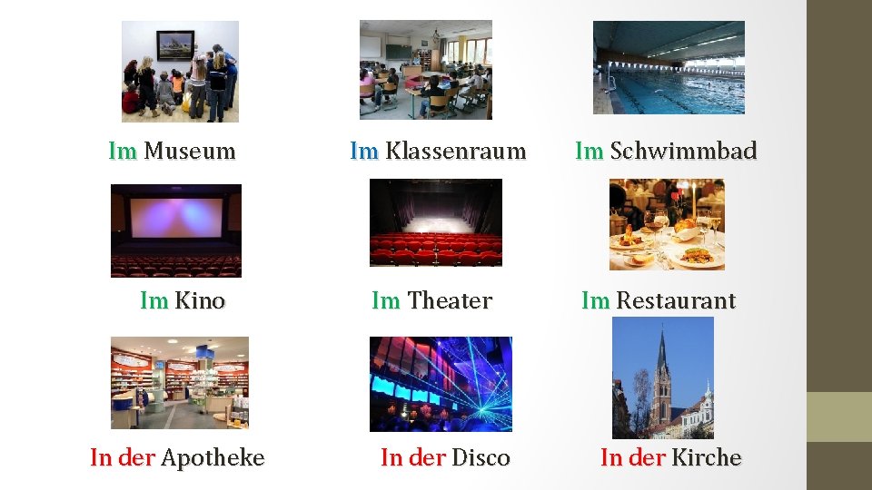 Im Museum Im Kino In der Apotheke Im Klassenraum Im Theater In der Disco