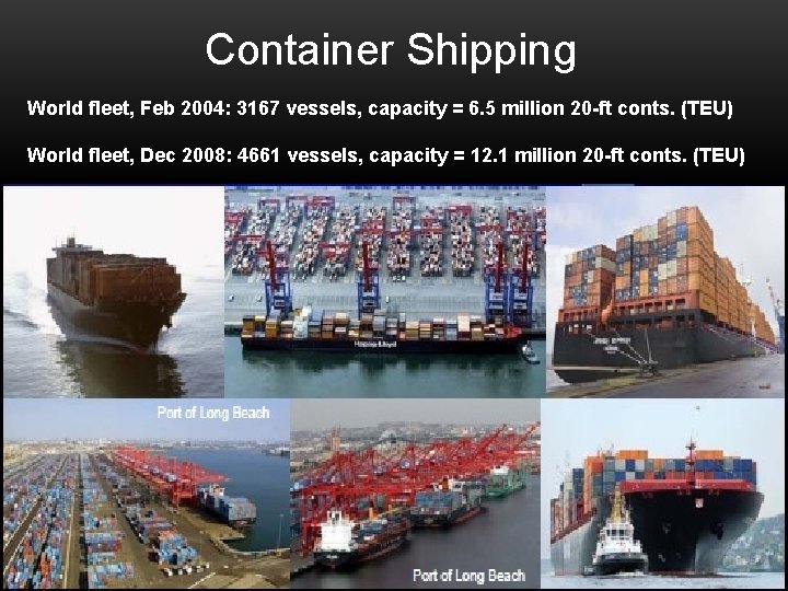 Container Shipping World fleet, Feb 2004: 3167 vessels, capacity = 6. 5 million 20