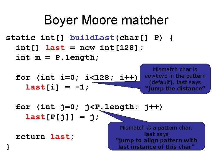 Boyer Moore matcher static int[] build. Last(char[] P) { int[] last = new int[128];