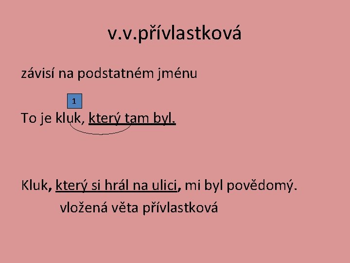 v. v. přívlastková závisí na podstatném jménu 1 To je kluk, který tam byl.