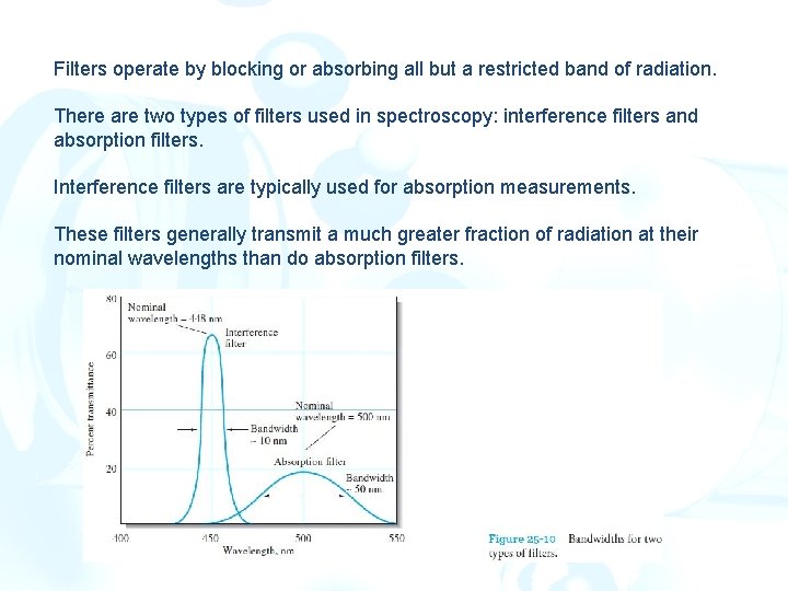 Filters operate by blocking or absorbing all but a restricted band of radiation. There Filters operate by blocking or absorbing all but a restricted band of radiation. There