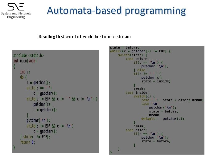 Automata-based programming Reading first word of each line from a stream 