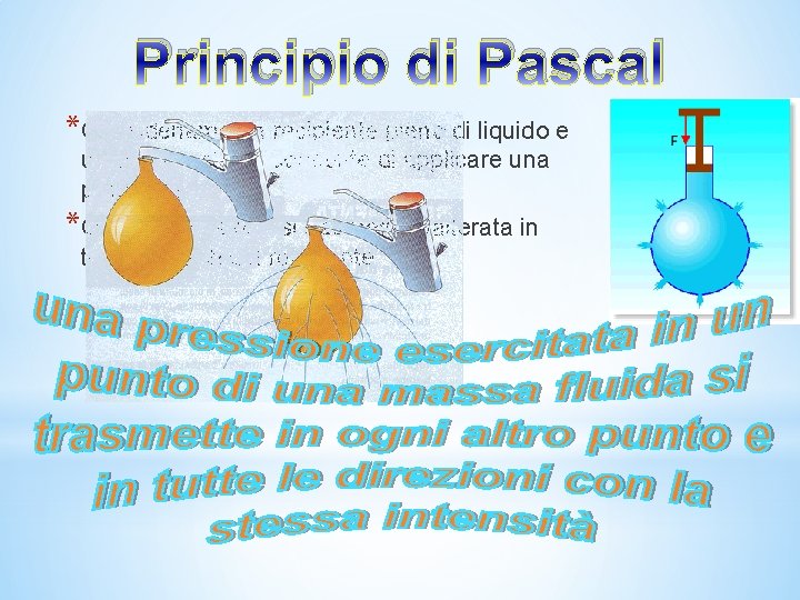 Principio di Pascal *Consideriamo un recipiente pieno di liquido e un pistone che ci Principio di Pascal *Consideriamo un recipiente pieno di liquido e un pistone che ci