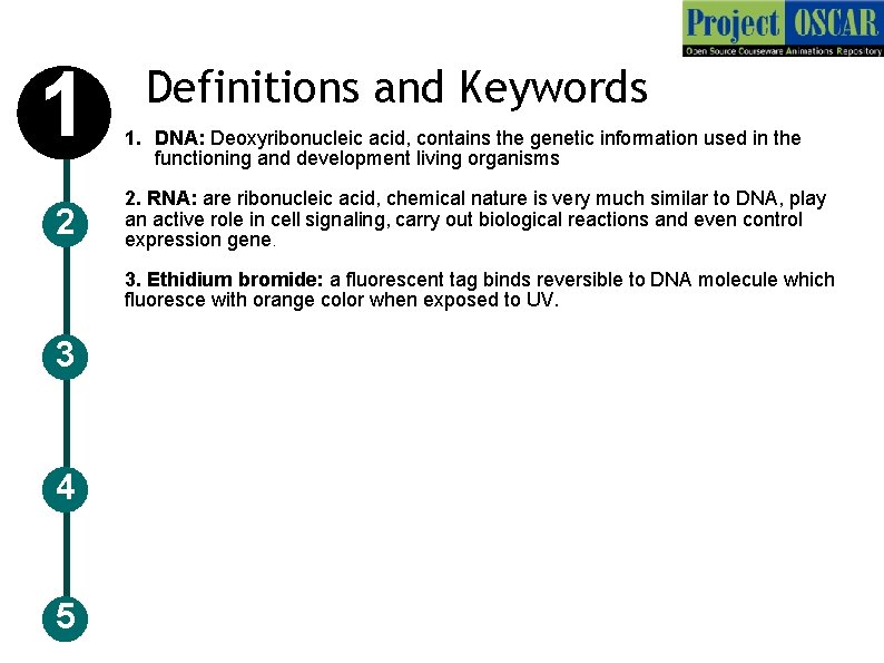 1 2 Definitions and Keywords 1. DNA: Deoxyribonucleic acid, contains the genetic information used