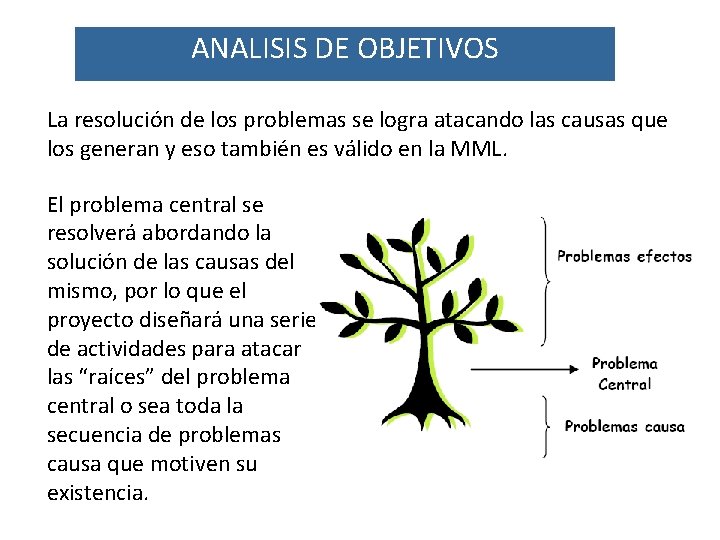 ANALISIS DE OBJETIVOS La resolución de los problemas se logra atacando las causas que