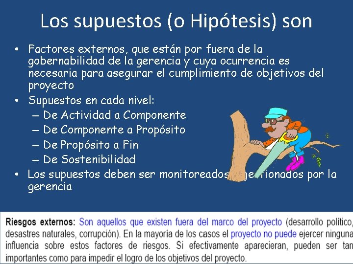 Los supuestos (o Hipótesis) son • Factores externos, que están por fuera de la