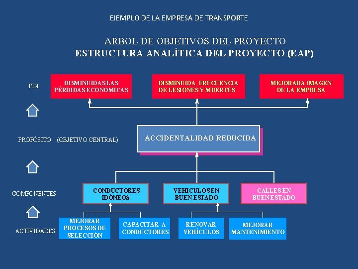 EJEMPLO DE LA EMPRESA DE TRANSPORTE ARBOL DE OBJETIVOS DEL PROYECTO ESTRUCTURA ANALÍTICA DEL