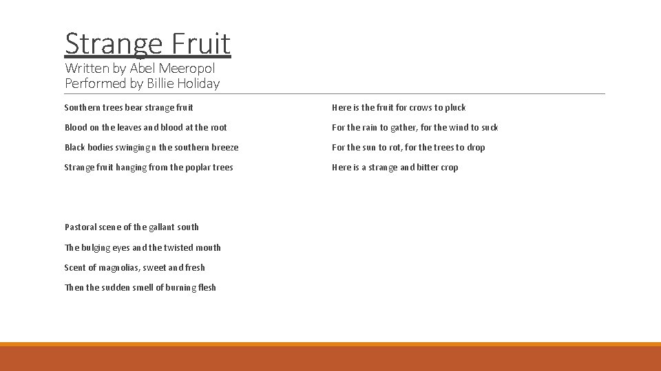 Strange Fruit Written by Abel Meeropol Performed by Billie Holiday Southern trees bear strange