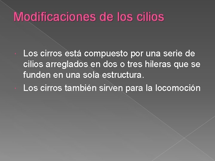 Modificaciones de los cilios Los cirros está compuesto por una serie de cilios arreglados