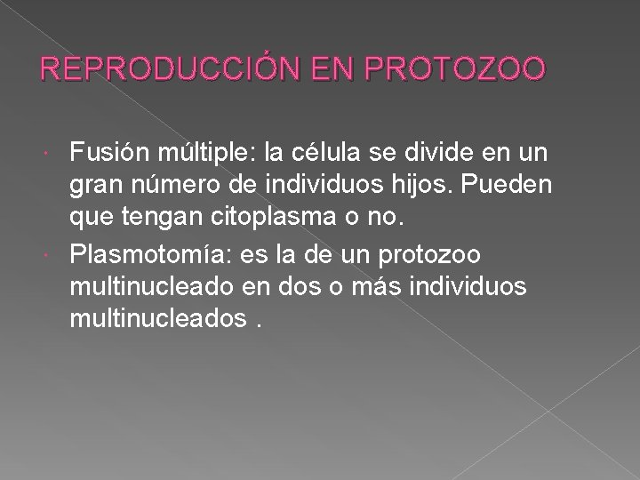 REPRODUCCIÓN EN PROTOZOO Fusión múltiple: la célula se divide en un gran número de