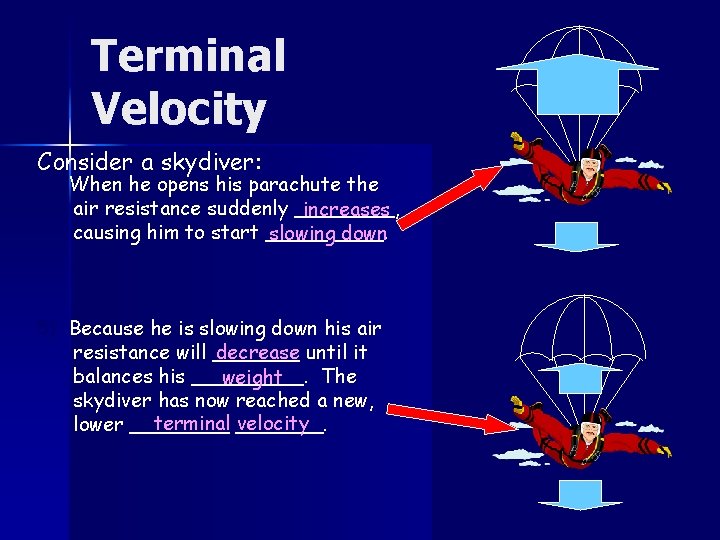 Terminal Velocity Consider a skydiver: 4) When he opens his parachute the air resistance