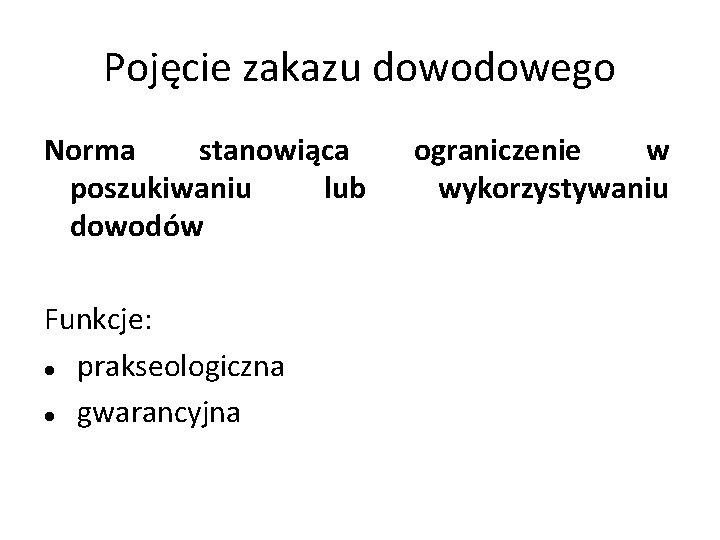 Pojęcie zakazu dowodowego Norma stanowiąca poszukiwaniu lub dowodów Funkcje: prakseologiczna gwarancyjna ograniczenie w wykorzystywaniu