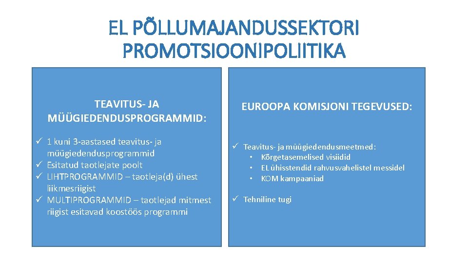 EL PÕLLUMAJANDUSSEKTORI PROMOTSIOONIPOLIITIKA TEAVITUS- JA MÜÜGIEDENDUSPROGRAMMID: ü 1 kuni 3 -aastased teavitus- ja müügiedendusprogrammid