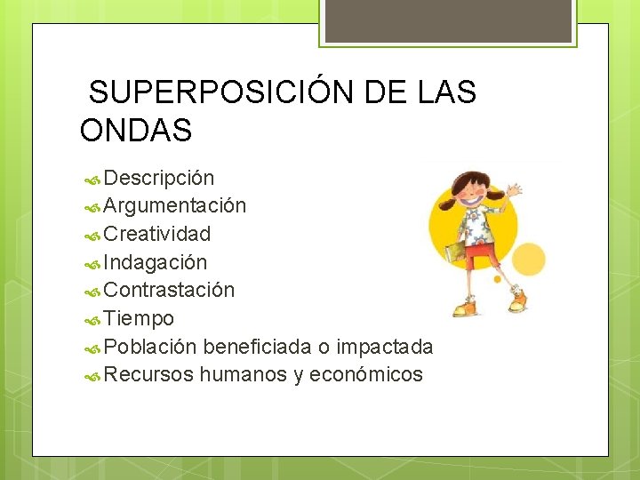 SUPERPOSICIÓN DE LAS ONDAS Descripción Argumentación Creatividad Indagación Contrastación Tiempo Población beneficiada o impactada