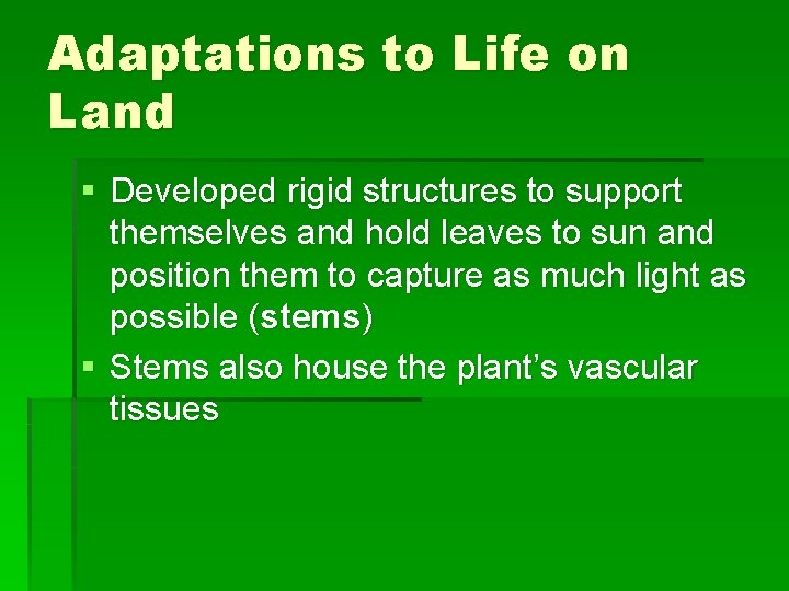 Adaptations to Life on Land § Developed rigid structures to support themselves and hold