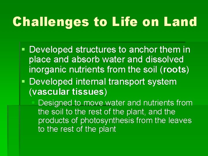 Challenges to Life on Land § Developed structures to anchor them in place and