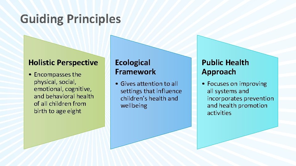 Guiding Principles Holistic Perspective • Encompasses the physical, social, emotional, cognitive, and behavioral health