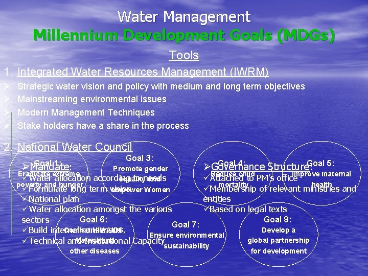 Water Management Millennium Development Goals (MDGs) Tools 1. Integrated Water Resources Management (IWRM) Ø