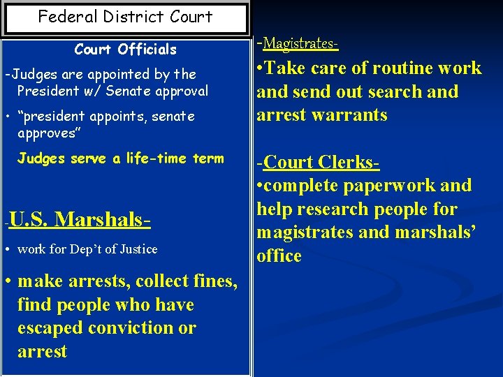 Federal District Court Officials -Judges are appointed by the President w/ Senate approval •