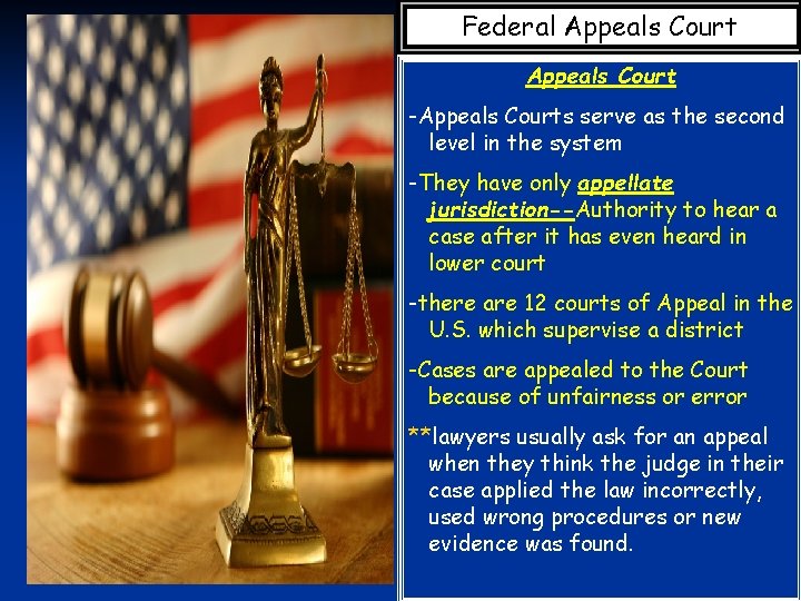 Federal Appeals Court -Appeals Courts serve as the second level in the system -They