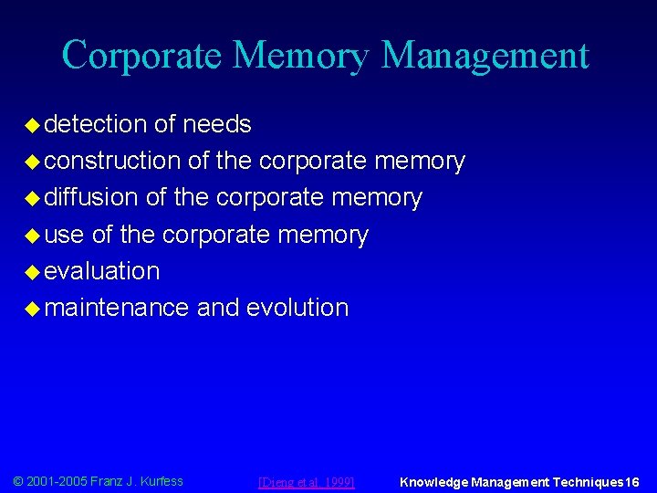 Corporate Memory Management u detection of needs u construction of the corporate memory u