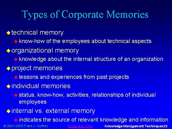 Types of Corporate Memories u technical memory u know-how of the employees about technical