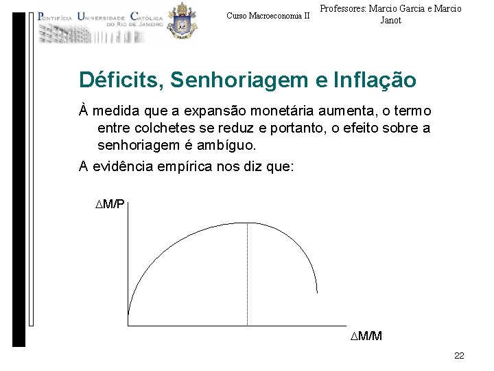 Curso Macroeconomia II Professores: Marcio Garcia e Marcio Janot Déficits, Senhoriagem e Inflação À