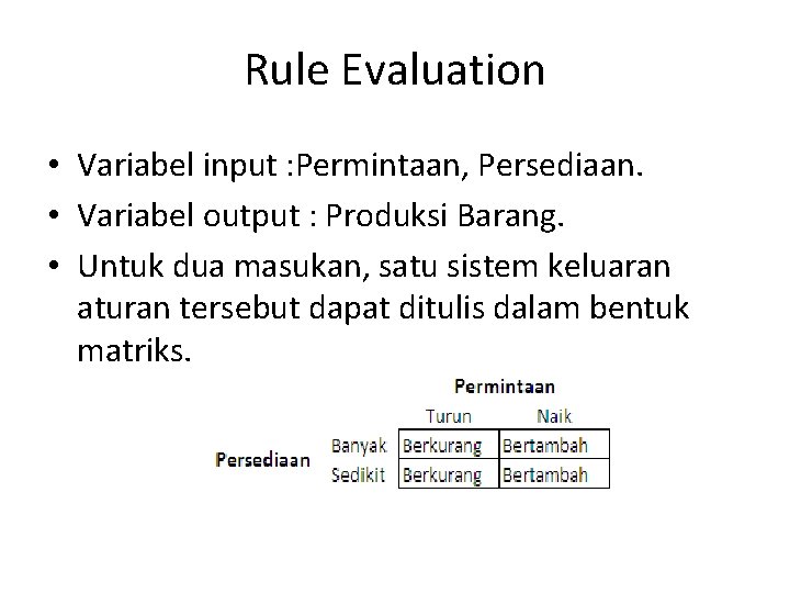 Rule Evaluation • Variabel input : Permintaan, Persediaan. • Variabel output : Produksi Barang.