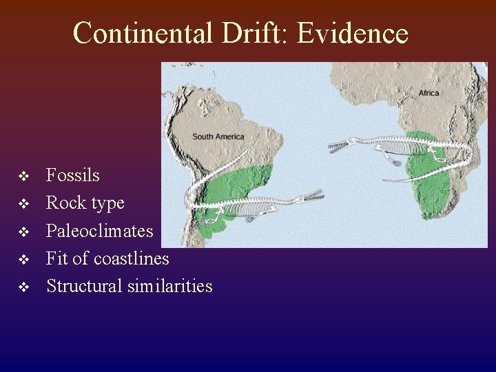 Continental Drift: Evidence v v v Fossils Rock type Paleoclimates Fit of coastlines Structural