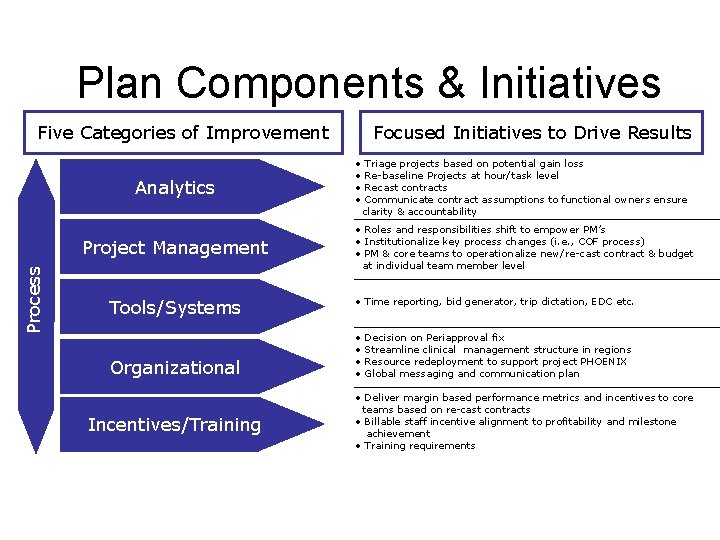 Plan Components & Initiatives Five Categories of Improvement Analytics Process Project Management Tools/Systems Organizational