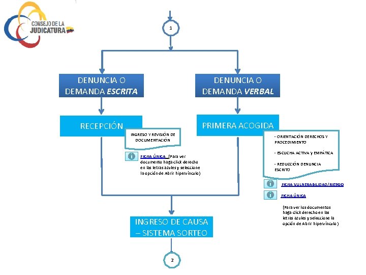 1 DENUNCIA O DEMANDA ESCRITA DENUNCIA O DEMANDA VERBAL RECEPCIÓN PRIMERA ACOGIDA INGRESO Y