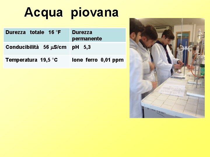 Acqua piovana Durezza totale 16 °F Durezza permanente Conducibilità 56 S/cm p. H 5, Acqua piovana Durezza totale 16 °F Durezza permanente Conducibilità 56 S/cm p. H 5,