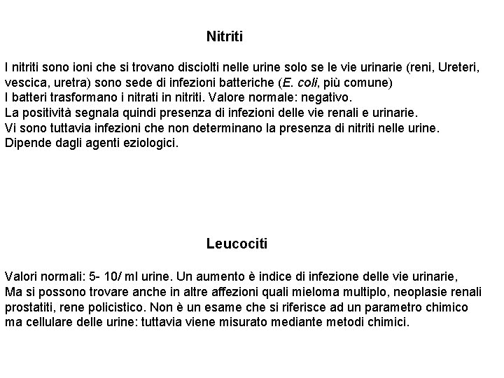 Nitriti I nitriti sono ioni che si trovano disciolti nelle urine solo se le