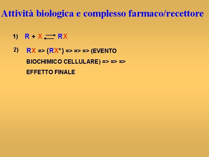 Attività biologica e complesso farmaco/recettore 1) R+X RX 2) RX => (RX*) => =>