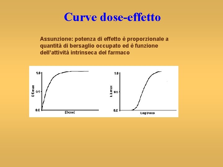 Curve dose-effetto Assunzione: potenza di effetto è proporzionale a quantità di bersaglio occupato ed