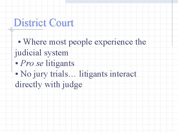 District Court • Where most people experience the judicial system • Pro se litigants