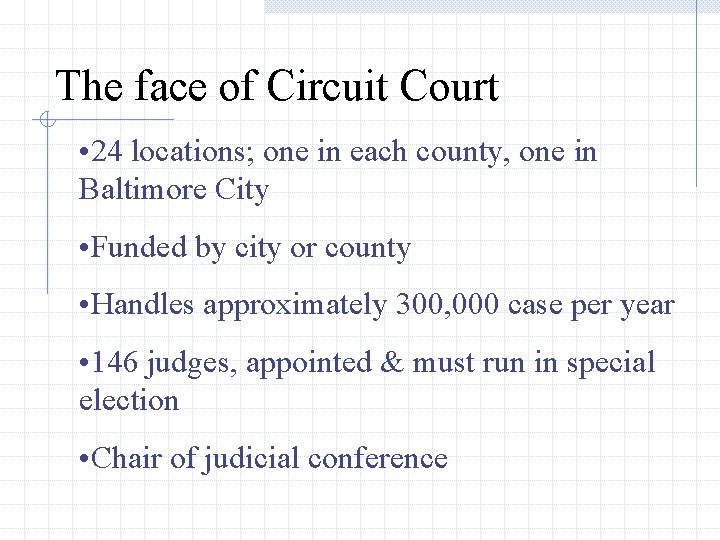 The face of Circuit Court • 24 locations; one in each county, one in