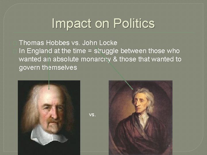 Impact on Politics Thomas Hobbes vs. John Locke � In England at the time