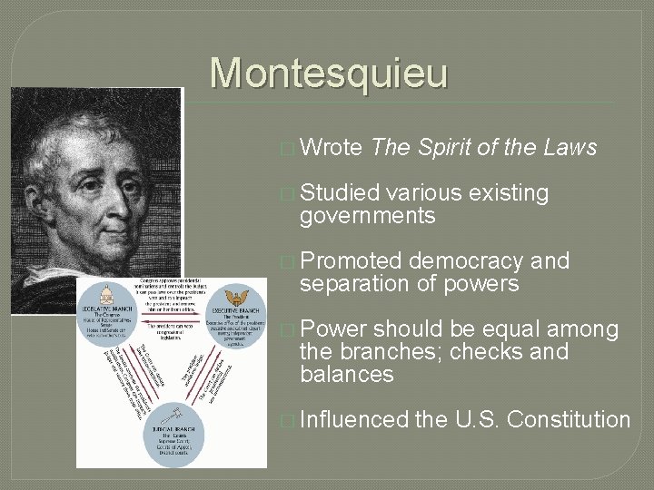 Montesquieu � Wrote The Spirit of the Laws � Studied various existing governments �