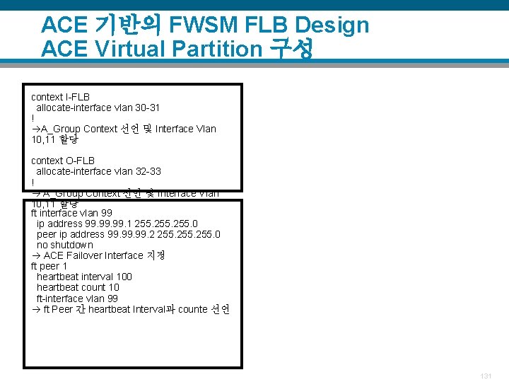 ACE 기반의 FWSM FLB Design ACE Virtual Partition 구성 context I-FLB allocate-interface vlan 30