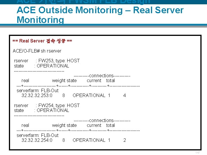 ACE 기반의 FWSM FLB Design ACE Outside Monitoring – Real Server Monitoring == Real