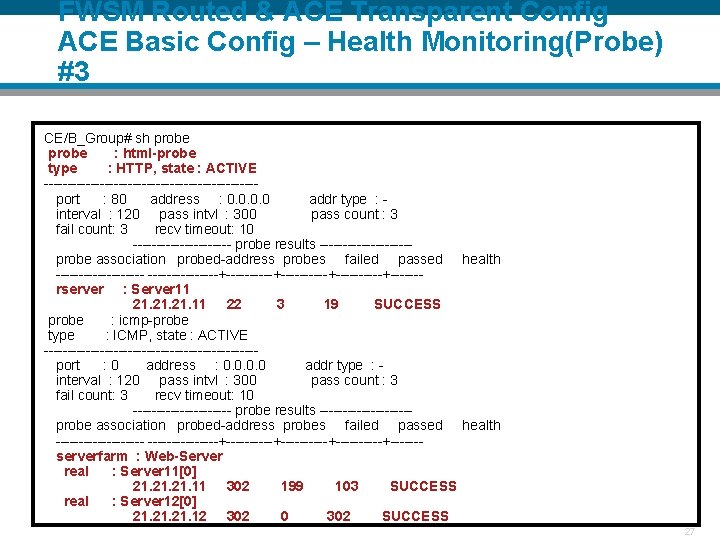 FWSM Routed & ACE Transparent Config ACE Basic Config – Health Monitoring(Probe) #3 CE/B_Group#