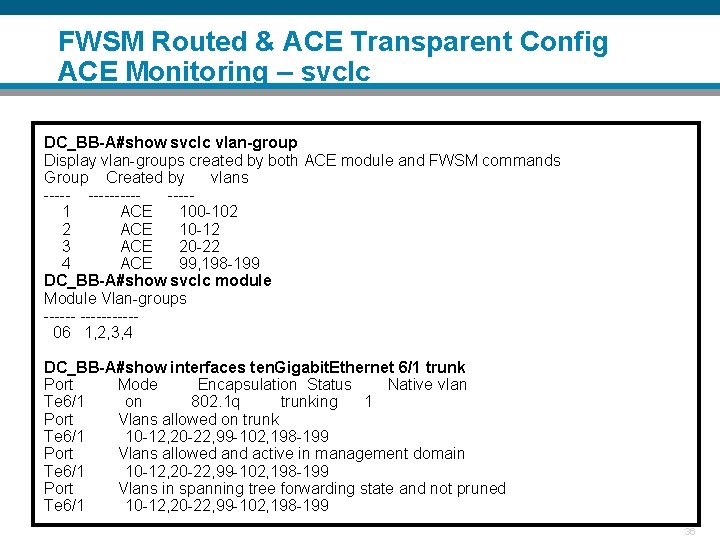 FWSM Routed & ACE Transparent Config ACE Monitoring – svclc DC_BB-A#show svclc vlan-group Display