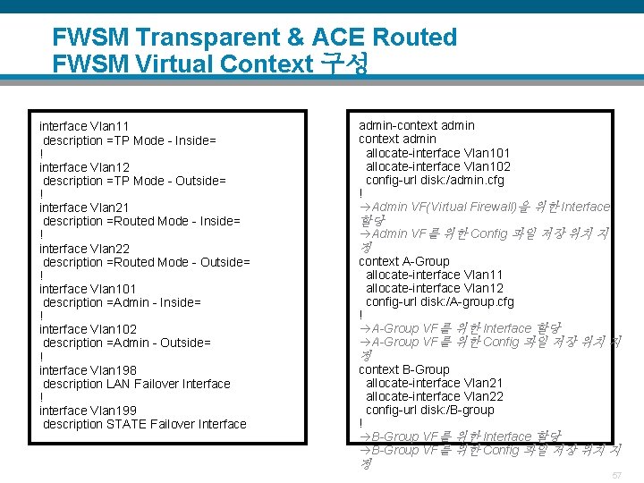 FWSM Transparent & ACE Routed FWSM Virtual Context 구성 interface Vlan 11 description =TP