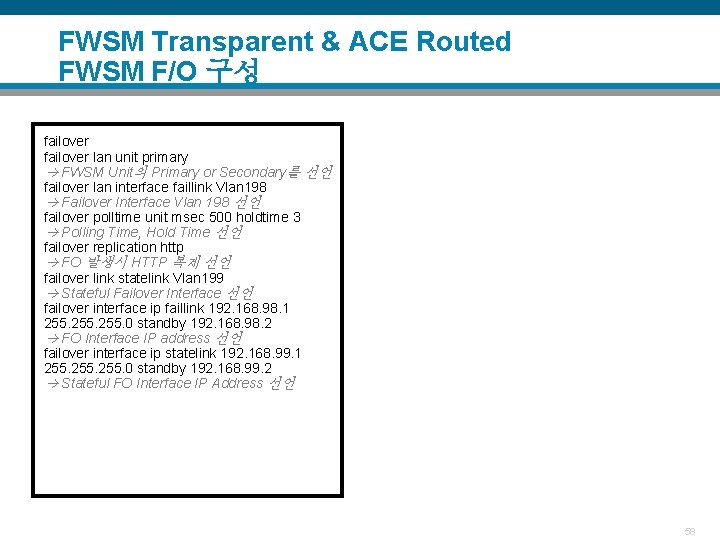 FWSM Transparent & ACE Routed FWSM F/O 구성 failover lan unit primary FWSM Unit의