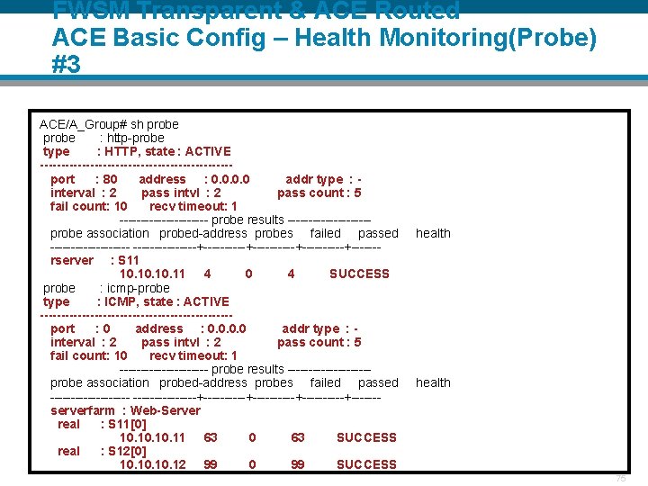 FWSM Transparent & ACE Routed ACE Basic Config – Health Monitoring(Probe) #3 ACE/A_Group# sh
