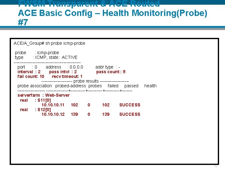 FWSM Transparent & ACE Routed ACE Basic Config – Health Monitoring(Probe) #7 ACE/A_Group# sh