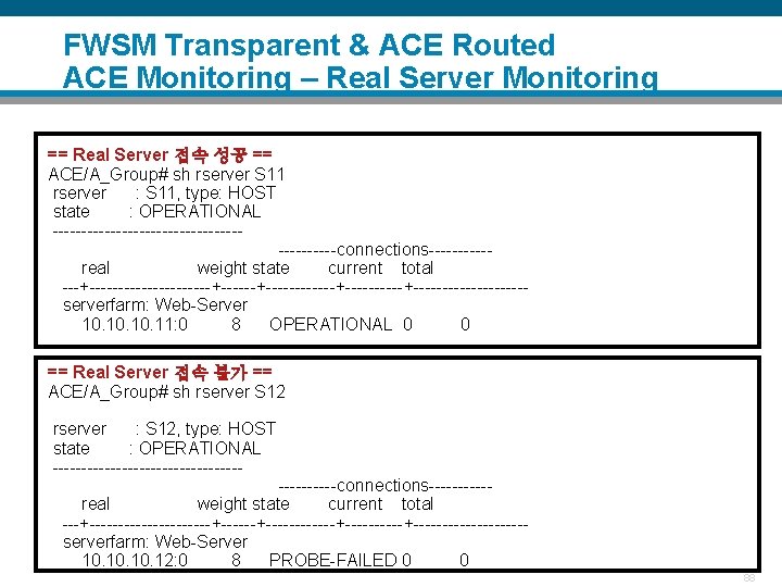 FWSM Transparent & ACE Routed ACE Monitoring – Real Server Monitoring == Real Server